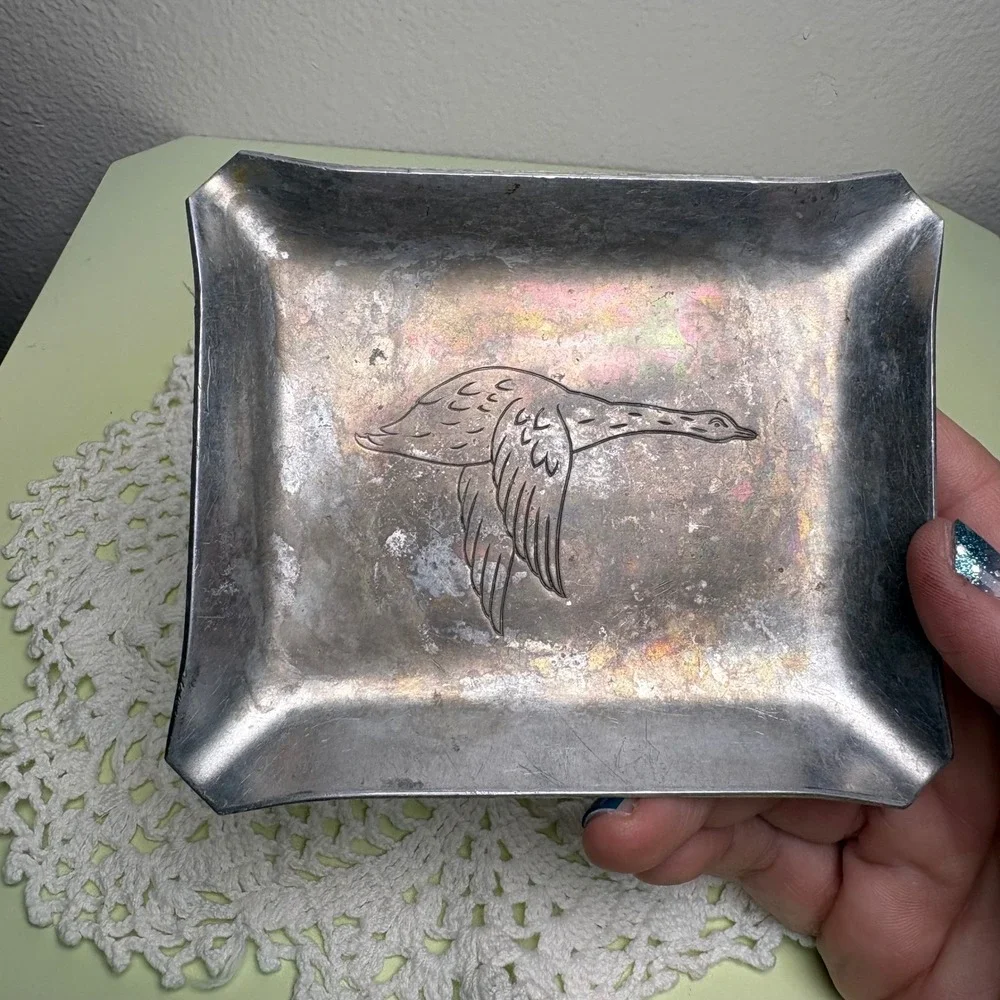 Vintage Unbranded Silver Tone Trinket Tray Bird Etching Cottagecore